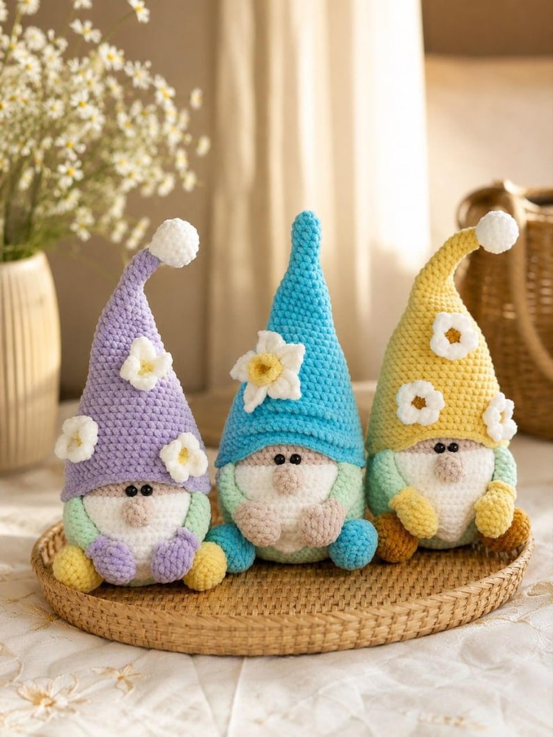 May include: Three handmade crochet gnomes in pastel colours sit on a woven tray. Each gnome has a long, pointed hat with a white pom-pom and a flower accent. The gnomes have white beards, round noses, and small black eyes.