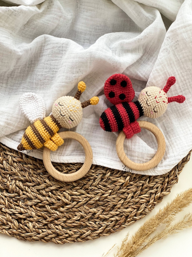 Gift newborn, Baby toys Amigurumi pattern, Crochet teether Bee and Ladybug, baby rattle , baby toys, new baby gift, montessori toys 6 month image 2