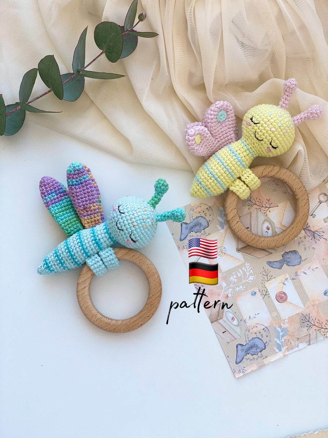 Baby Toys of Teether Butterfly and Dragonfly AMIGURUMI PATTERN, Baby