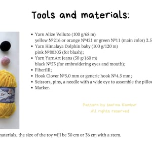 May include: Image showing tools and materials for a craft project. Includes yellow yarn, a crochet hook, scissors, and other supplies. Text reads "Tools and materials:" and lists the items. The finished toy will be 30 cm or 36 cm with a stem.