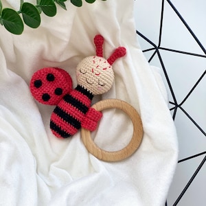 Gift newborn, Baby toys Amigurumi pattern, Crochet teether Bee and Ladybug, baby rattle , baby toys, new baby gift, montessori toys 6 month image 5