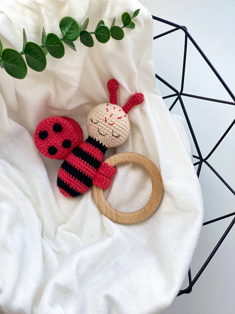 Gift newborn, Baby toys Amigurumi pattern, Crochet teether Bee and Ladybug, baby rattle , baby toys, new baby gift, montessori toys 6 month image 5