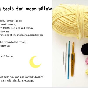 May include: A collection of materials and tools for a moon pillow project. Includes yellow and white yarn, crochet hooks, scissors, pins, and other supplies. The text reads "Materials and tools for moon pillow."