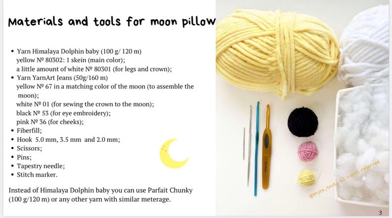 May include: A collection of materials and tools for a moon pillow project. Includes yellow and white yarn, crochet hooks, scissors, pins, and other supplies. The text reads "Materials and tools for moon pillow."