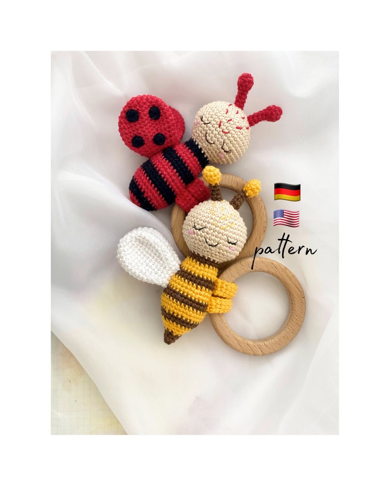 Gift newborn, Baby toys Amigurumi pattern, Crochet teether Bee and Ladybug, baby rattle , baby toys, new baby gift, montessori toys 6 month image 1
