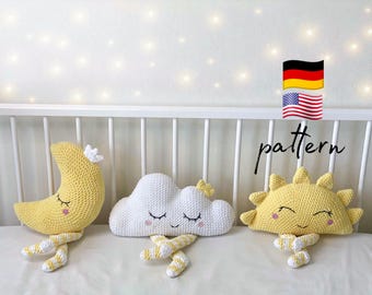 Crochet Pillow Patterns: Cloud, Moon, Sun Amigurumi Nursery Decor (PDF Pattern)