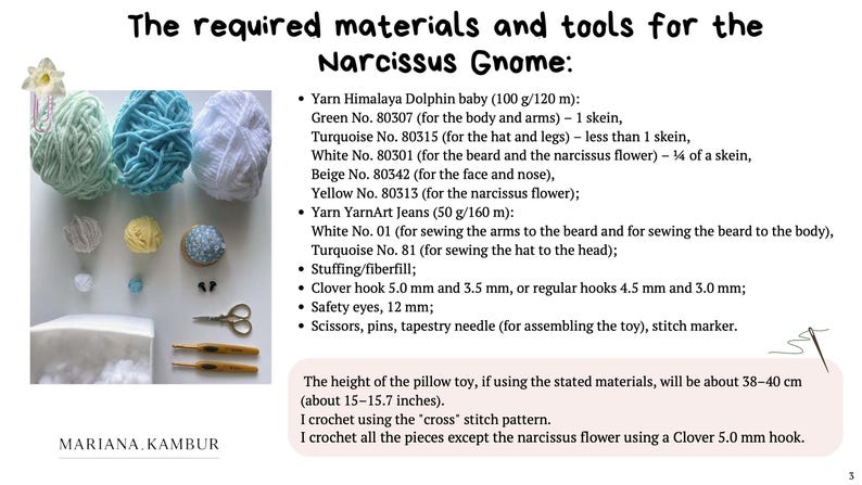 May include: Image detailing materials for a Narcissus Gnome project. Features balls of yarn, crochet hooks, scissors, safety eyes, and stuffing. Text lists the required materials and tools, and the finished toy's approximate size, about 38-40 cm.