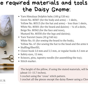 May include: Image detailing materials and tools for a Daisy Gnome project. Features green, yellow, and white yarn, small yarn balls, stuffing, crochet hooks, safety eyes, scissors, and pins. Text lists the required materials.