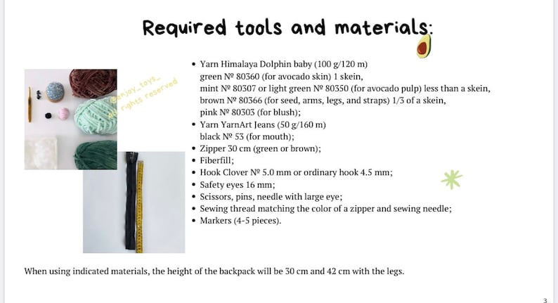 May include: A list of materials and tools needed to crochet a backpack. The list includes yarn in various colors, a zipper, fiberfill, a crochet hook, safety eyes, scissors, pins, a needle, sewing thread, and markers.