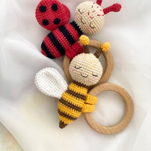 Gift newborn, Baby toys Amigurumi pattern, Crochet teether Bee and Ladybug, baby rattle , baby toys, new baby gift, montessori toys 6 month image 7