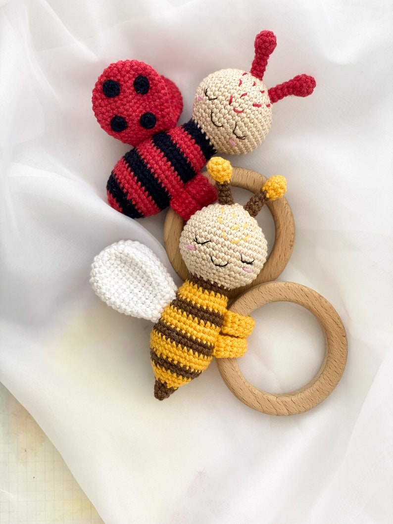 Gift newborn, Baby toys Amigurumi pattern, Crochet teether Bee and Ladybug, baby rattle , baby toys, new baby gift, montessori toys 6 month image 7