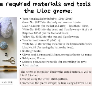 May include: Image showing materials and tools needed to create a lilac gnome. Includes yarn in green, purple, white, beige, and yellow, along with stuffing, hooks, scissors, safety eyes, and a stitch marker. The finished gnome is about 38-40 cm tall.