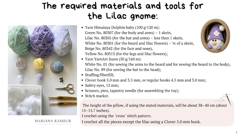 May include: Image showing materials and tools needed to create a lilac gnome. Includes yarn in green, purple, white, beige, and yellow, along with stuffing, hooks, scissors, safety eyes, and a stitch marker. The finished gnome is about 38-40 cm tall.
