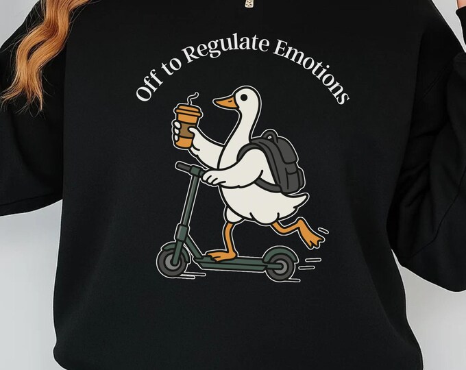 Off to Regulate Emotions PNG, Funny Goose Scooter Design, Mental Health Humor PNG, Cute Duck Coffee Graphic