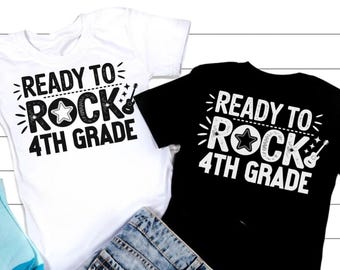 May include: Two t-shirts, one white and one black, with the text "READY TO ROCK 4TH GRADE" in a bold, playful font. The design includes a star and a guitar, perfect for back-to-school or music-themed events.