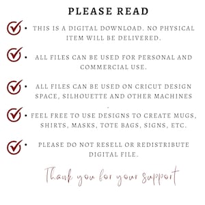 May include: White background with the text "PLEASE READ" at the top. Bullet points with checkmarks detail the digital download, usage rights, and permitted applications, including mugs, shirts, and tote bags. The text "Thank you for your support" is at the bottom.