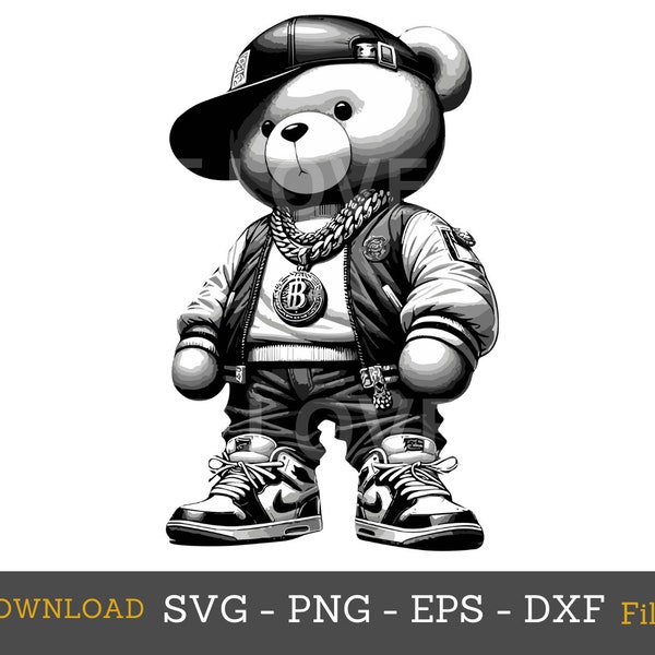 Cool Teddy Bear svg, hip hop Teddy Bear svg,Teddy Bear wearing hat hipster clothes SVG Cricut cut files Digital Png Dxf Eps