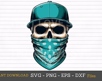 Bandana Skull with Cap Svg, Gothic Bearded Man Clipart (Cut File)