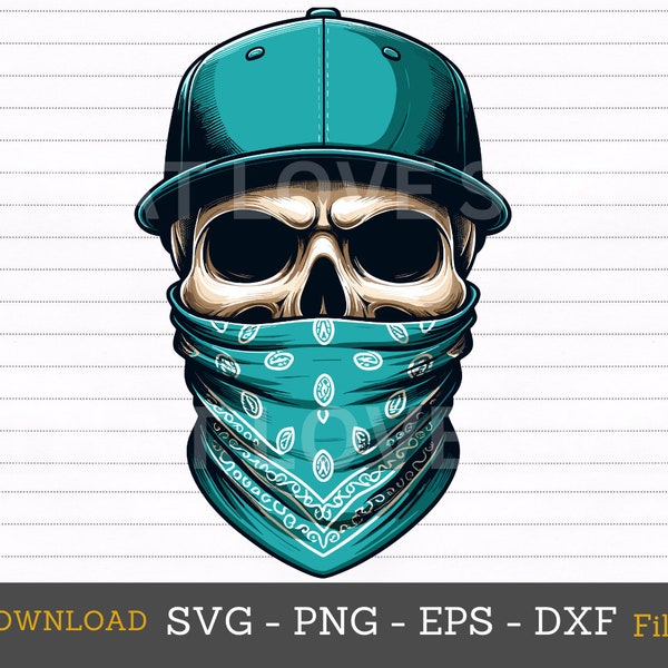 Bandana Skull with Cap Svg, Bearded Man, Day of the Dead, Dad, Mechanic, Skeleton Head, Gothic, Shirt, Cut File, Clipart, Png, Dxf, Eps