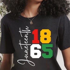 May include: Black t-shirt with the text "Juneteenth 1865" in white, red, yellow, and green.