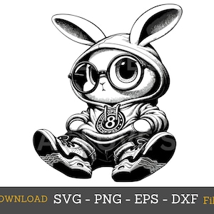 クールなウサギ svg png サングラスとフードの服を着たかわいいウサギ svg、かわいいファッション 怒っているウサギ png、dxf デジタル ダウンロード Cricut カット カッティング クリップアート