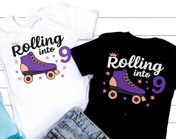 Rolling Into 9 SVG: Birthday Roller Skates, Retro Girl (Digital File)