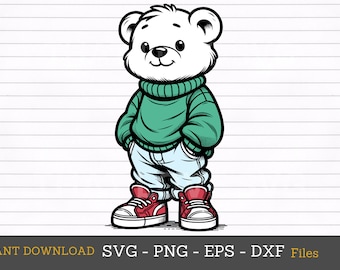Hip Hop Teddy Bear SVG, 90s Stitched Ripped Design (Digital Download)