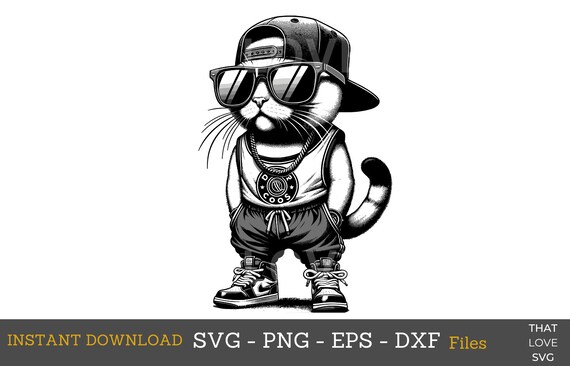 Cool cat svg hip hop hipster cat svg gato enojado con gafas de sol sombrero y ropa SVG Cricut archivos de corte Digital Instant descargar Png Dxf Eps