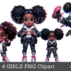 May include: Four digital illustrations of girls with brown skin and curly black hair. Each girl is wearing a black leather jacket and jeans. The girls are posed in different ways, including one with her arms crossed, one with her hands in a heart shape, and one with her tongue sticking out. The illustrations are in a cartoon style and have a bright, colorful aesthetic.