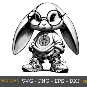 クールなウサギ svg png サングラスとフードの服を着たかわいいウサギ svg、かわいいファッション 怒っているウサギ png、dxf デジタル ダウンロード Cricut カット カッティング クリップアート