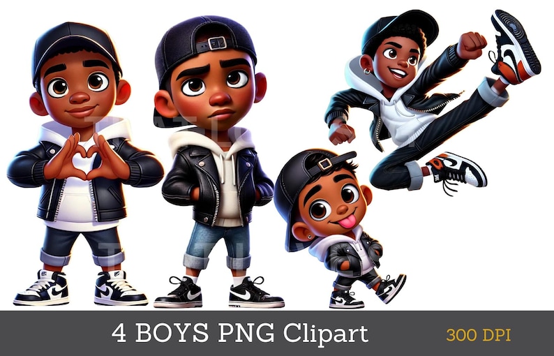 May include: Four digital illustrations of boys wearing black leather jackets, white hoodies, and jeans. One boy is making a heart shape with his hands, another is standing with his hands in his pockets, another is standing with his tongue sticking out, and the last boy is kicking his leg up in the air.