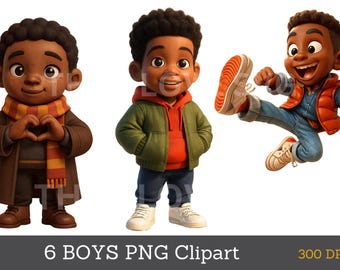 6 png Black boys Bundle, Little Black boys PNG, Clipart Bundle, black kids png, afro png