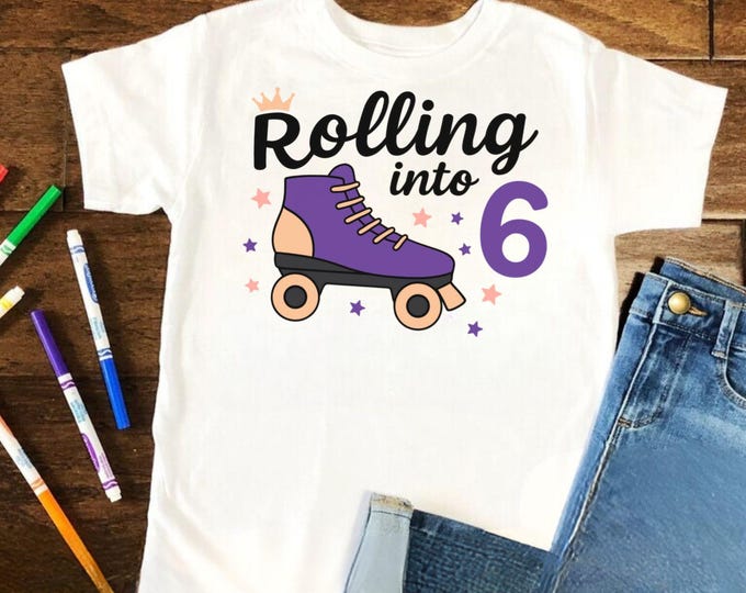 Rolling Into 6 SVG: Birthday Roller Skates, Retro Girl (Digital File)