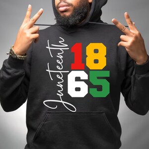 May include: Black hooded sweatshirt with the text "Juneteenth 1865" in white, red, yellow, and green.