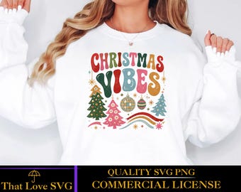 Christmas Vibes SVG, Retro Christmas Tree SVG, Colorful Holiday Shirt Design, Groovy Christmas Cricut PNG