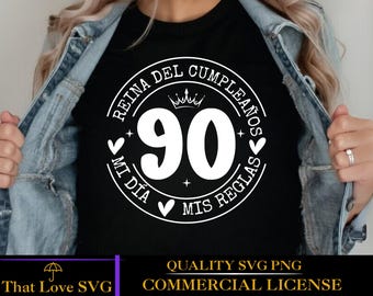Reina Del Cumpleaños 90 svg, Mi Día Mis Reglas SVG, Spanish 90th Birthday Queen SVG, 90 Años Birthday Cricut PNG