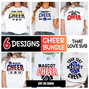 Cheer SVG EPS PNG Bundle Template – 6 Editable Cheerleading Team Shirt Designs, Cheerleader Svg Png, Custom Mascot Cheer Shirt Templates