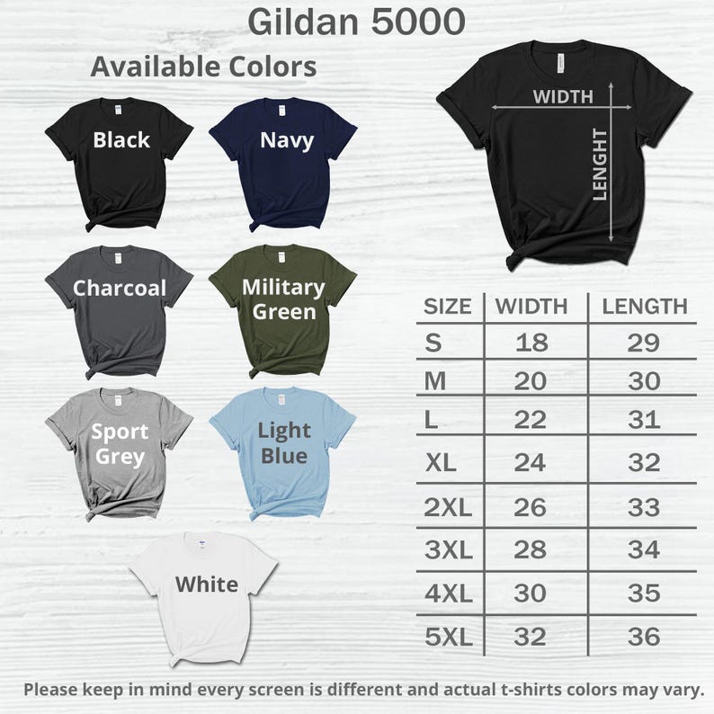 以下が含まれることがあります： Gildan 5000 Tシャツのサイズチャートで、インチで測定されています。チャートは、Sから5XLまでのサイズで、Tシャツの幅と長さを示しています。チャートには、ブラック、ネイビー、チャコール、ミリタリーグリーン、スポーツグレー、ライトブルー、ホワイトなど、利用可能な色も示されています。