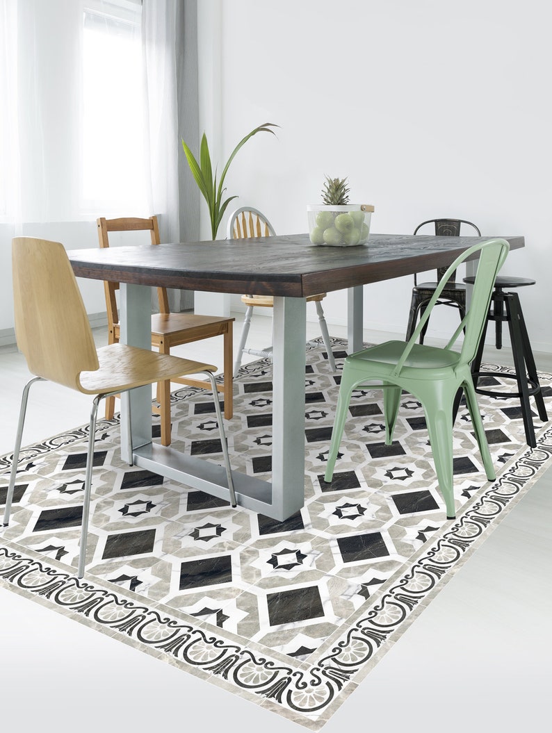 Vinyl-Teppich mit weißem geometrischem Muster grau schwarz ...