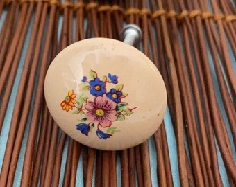 Vintage Ceramic Cabinet Knobs - Floral Motif Drawer Pulls - Bisque Cream, Pink, Blue Flower Pattern Round Knob - Replacement Hardware