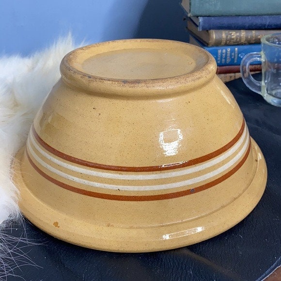 Vintage Large Ceramic Mixing Bowl Tan & Brown Striped Stoneware Mixing Bowl 9 Dough Bowl Rustic