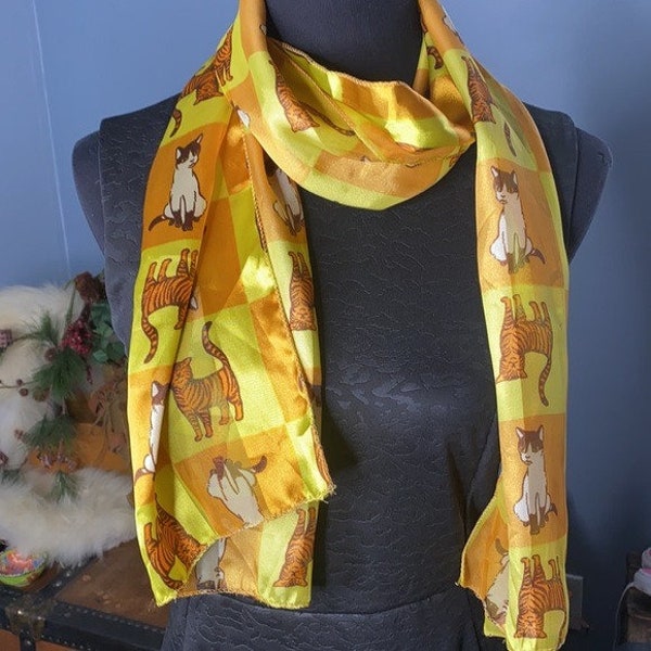 Vintage Silky Cat Scarf - Colorful Orange, Yellow Cat Lover Themed Polyester Scarf - 13x60" VTG Fashion Accessory: Scarves, Head Wrap