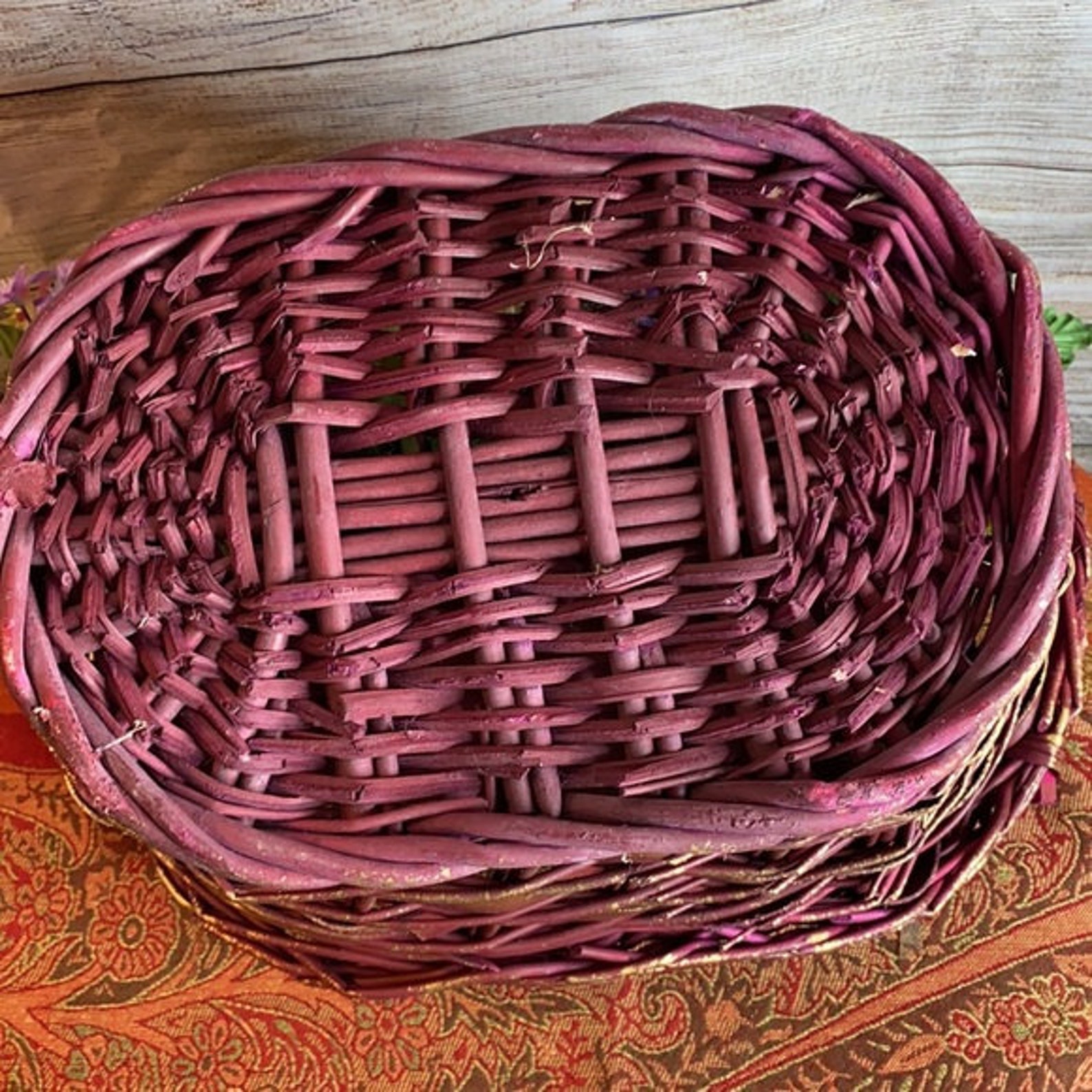 Large Burgundy & Gold Basket 18x12 Painted Woven Flat Etsy UK