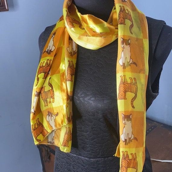 Vintage Silky Cat Scarf - Colorful Orange, Yellow… - image 3