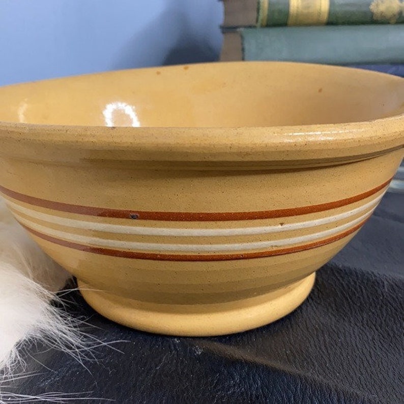 Vintage Large Ceramic Mixing Bowl Tan & Brown Striped Stoneware Mixing Bowl 9 Dough Bowl Rustic