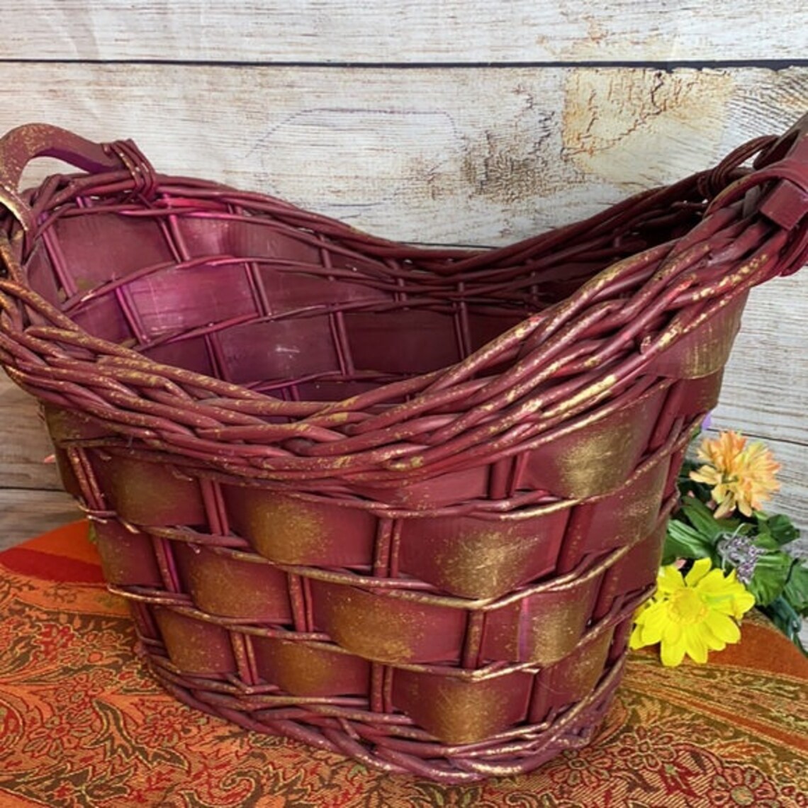 Large Burgundy & Gold Basket 18x12 Painted Woven Flat Etsy UK