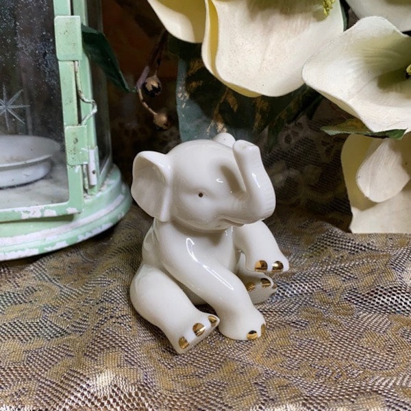 Vintage Lenox Porcelain Elephant Figurine - Sitting Lucky Elephant Keepsake - Miniature Bone China Ceramic Baby Elephant