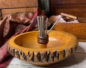 Ellwood Rusticware Nut Bowl - Wooden Serving Bowl with Utensils - Metal Nutcracker Picks - Vintage Bark Sided Nut Bowl