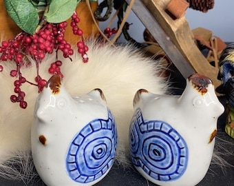 Ceramic Chicken Salt & Pepper Shakers - Kitchen Country Farmhouse; Rooster, Chicken Ceramic S+P Shakers - Blue and White Abstract Chickens