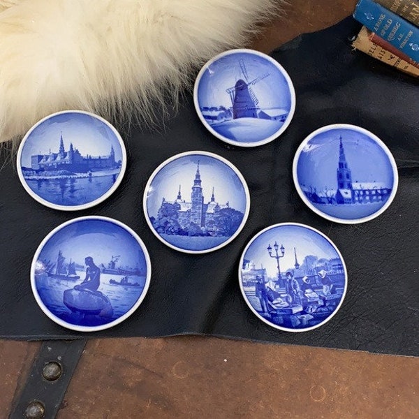 Vintage Royal Copenhagen Denmark Blue & White Miniature Wall Plate Collection - Set Of 6